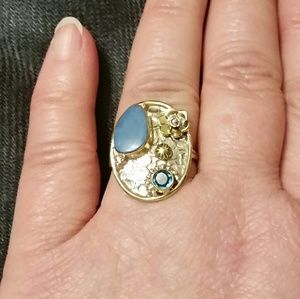 925 Tri-Tone Silver Owyhee Opal & Blue Topaz Ring